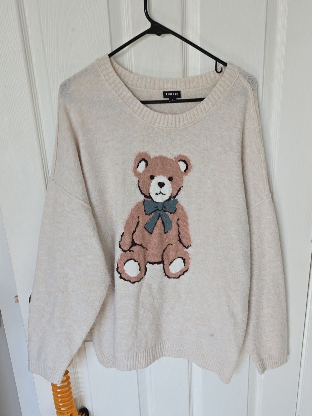 torrid Cream Sweater with Brown Teddy Bear and Teal Bow